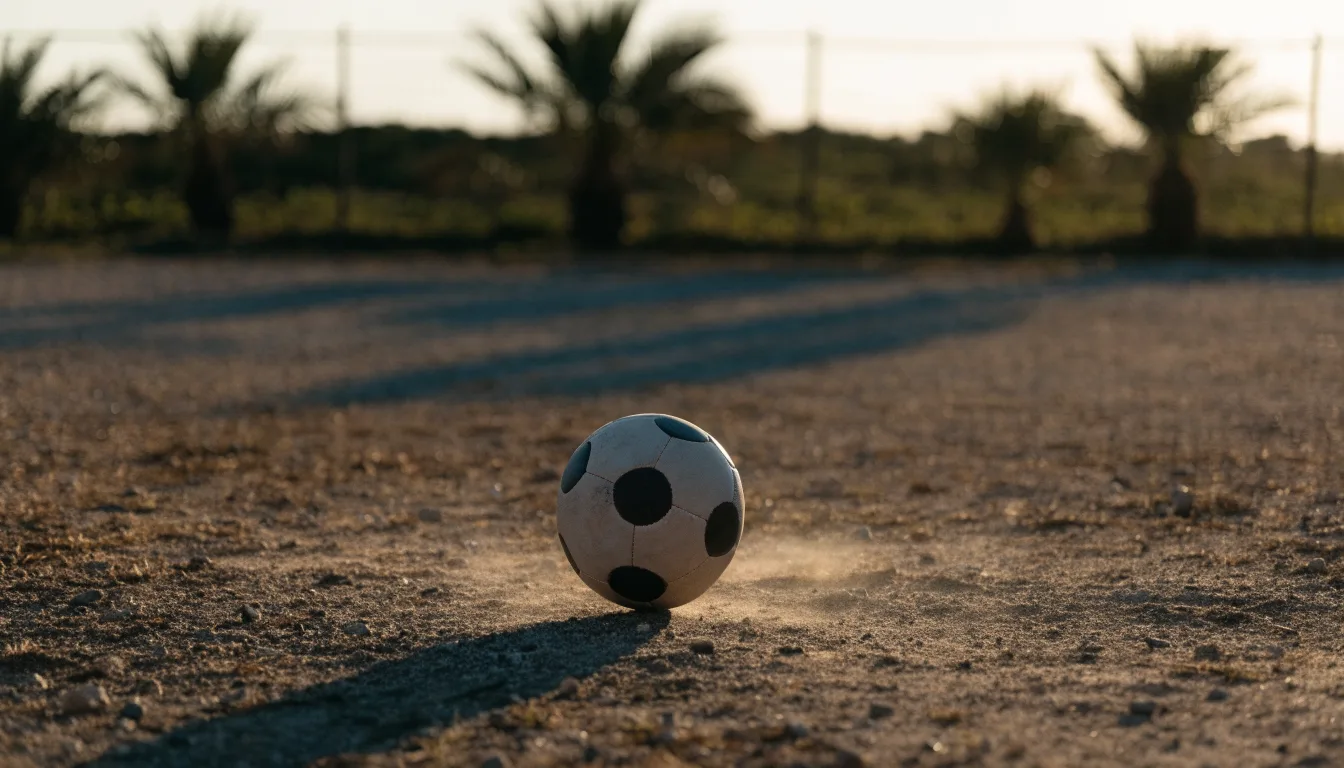 Ein Fußball liegt auf einem staubigen Bolzplatz mit Palmen im Hintergrund in warmem Abendlicht.