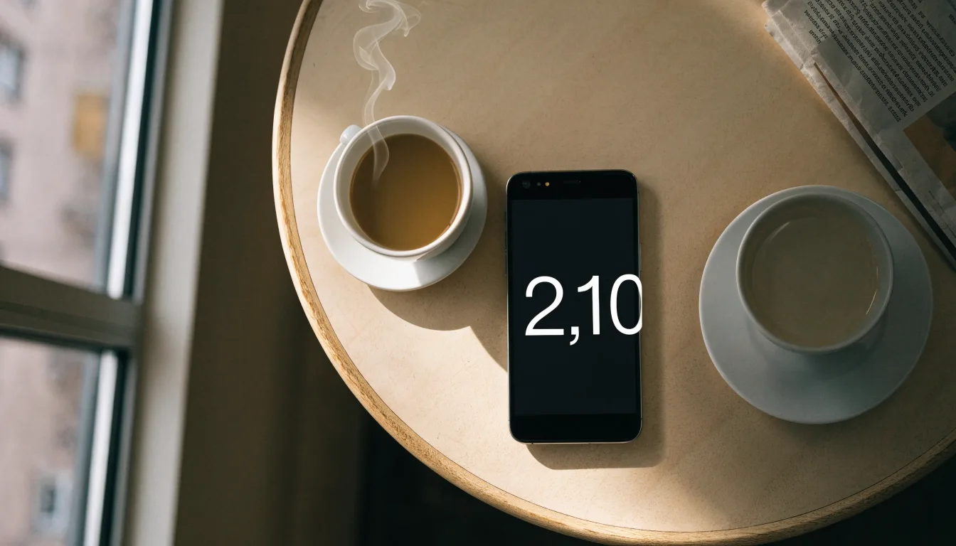 Zwei Kaffeetassen und ein dunkles Smartphone stehen auf einem Café-Tisch am Fenster im Morgenlicht.