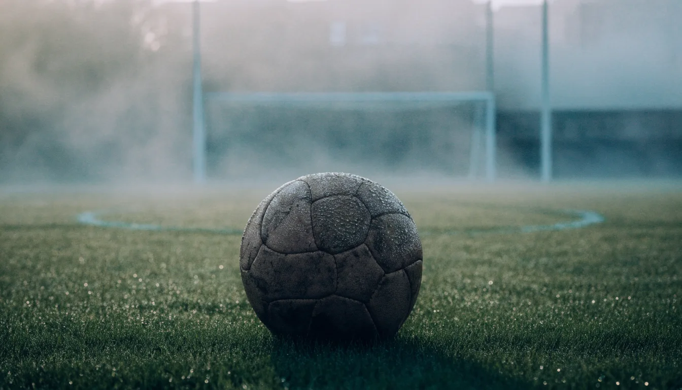 Ein abgewetzter Fußball liegt auf dem Anstoßkreis eines Naturrasens im Morgennebel.
