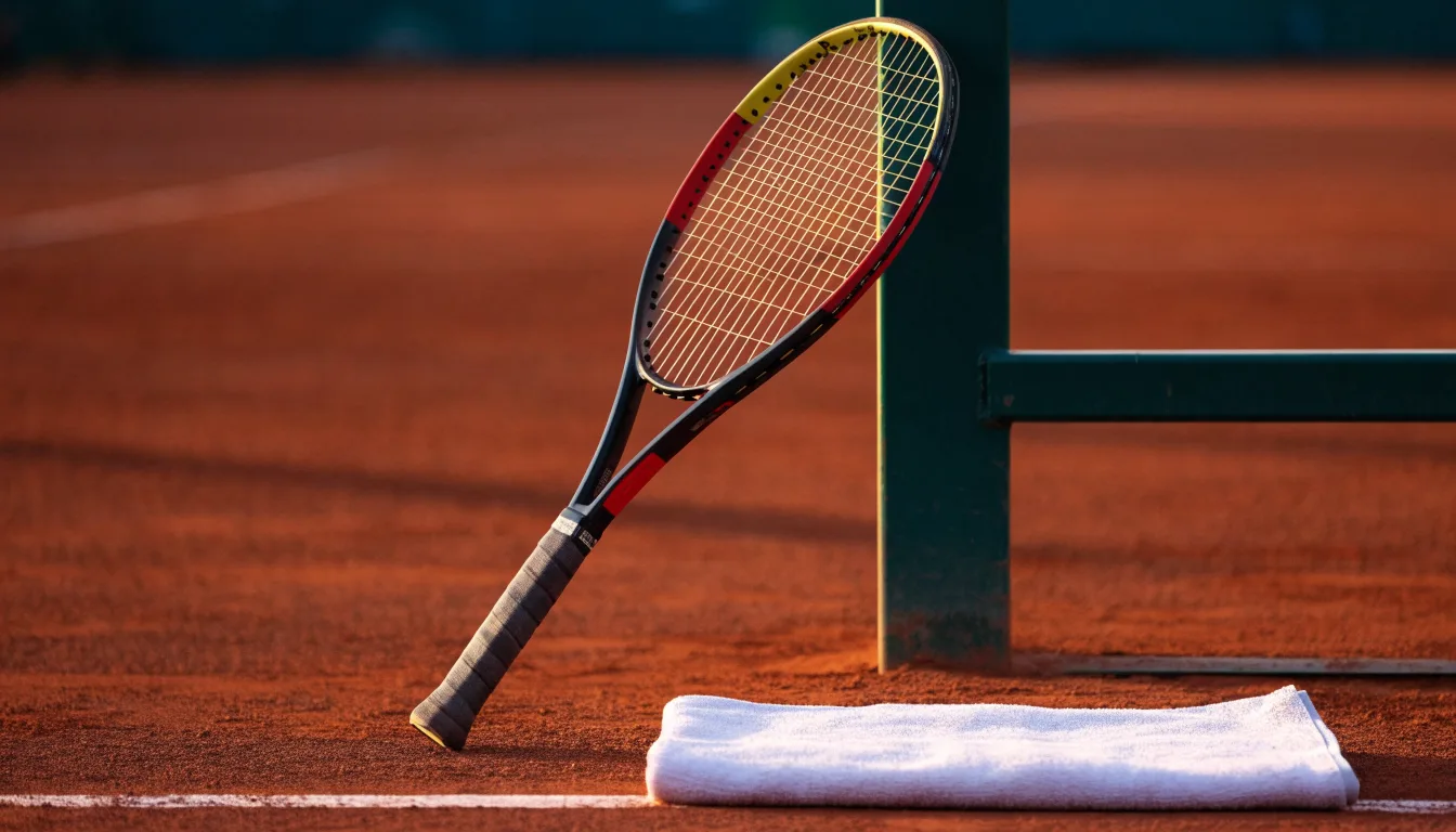 Ein Tennisschläger lehnt an einer dunkelgrünen Bande ohne Aufschrift auf einem Sandplatz, daneben liegt ein Handtuch.