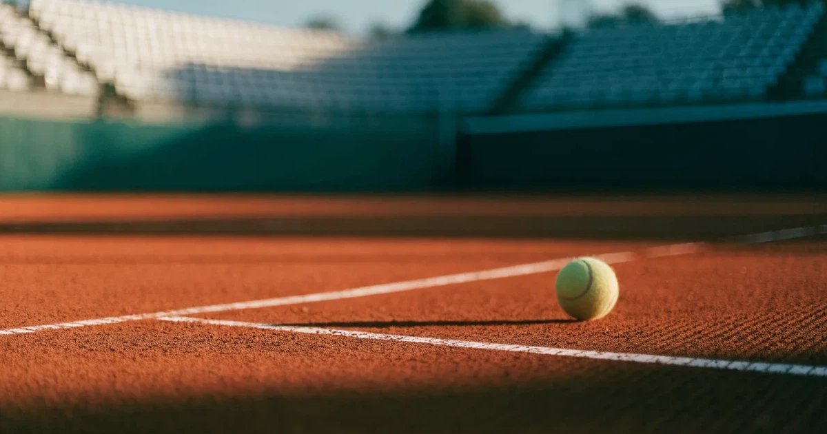 Ein Sandplatz mit rötlichem Belag und gezogenen weißen Linien, ein einzelner Tennisball liegt neben der Linie, im Hintergrund eine leere Tribüne.