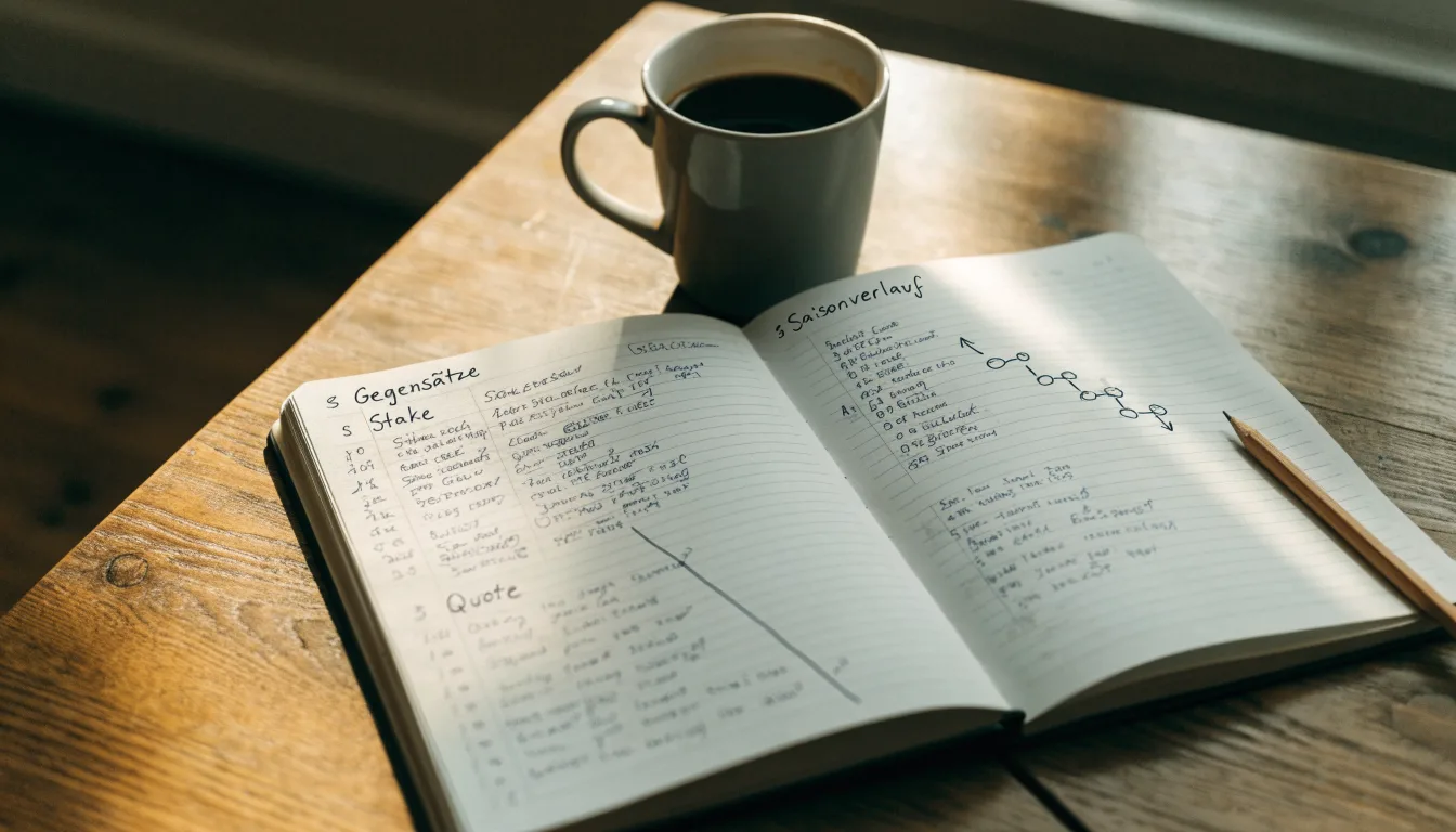 Ein aufgeschlagenes Notizbuch mit handschriftlichen Skizzen liegt neben einem Bleistift auf einem Holztisch, daneben eine Tasse Kaffee.