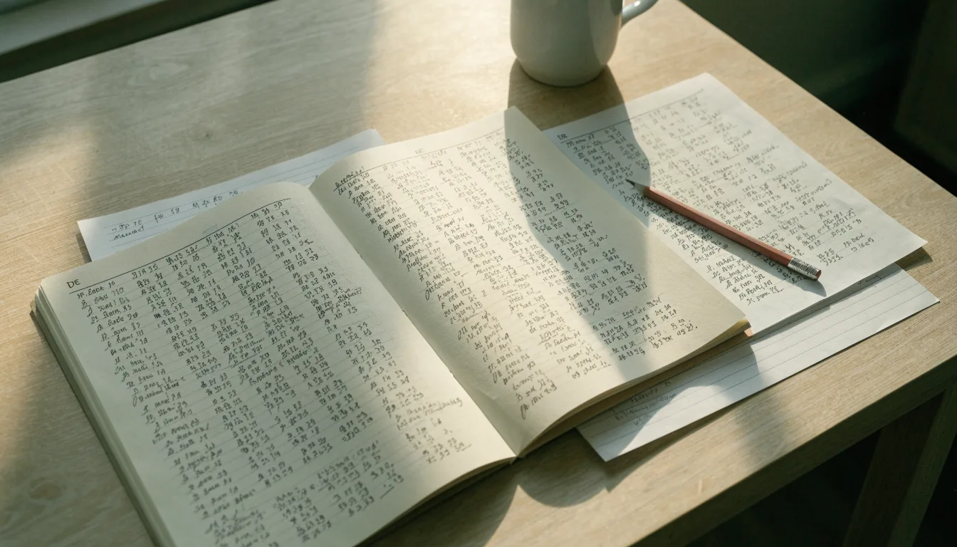 Ein Taschenrechner und ein Bleistift liegen auf einem Schreibtisch neben einem aufgeschlagenen Notizbuch mit handschriftlichen Zahlenreihen.