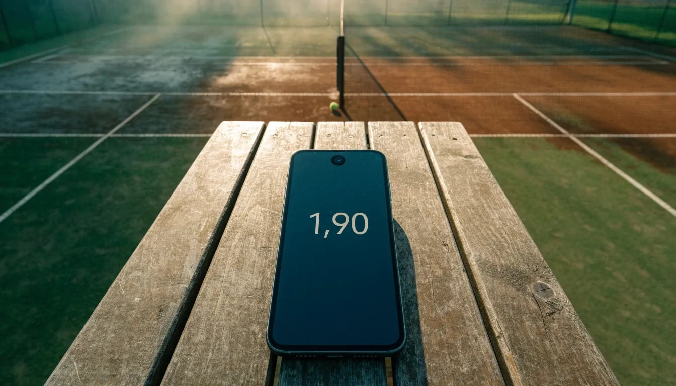 Ein Tennisplatz bei Sonnenaufgang, Netz und Grundlinien im weichen Licht, niemand ist zu sehen.