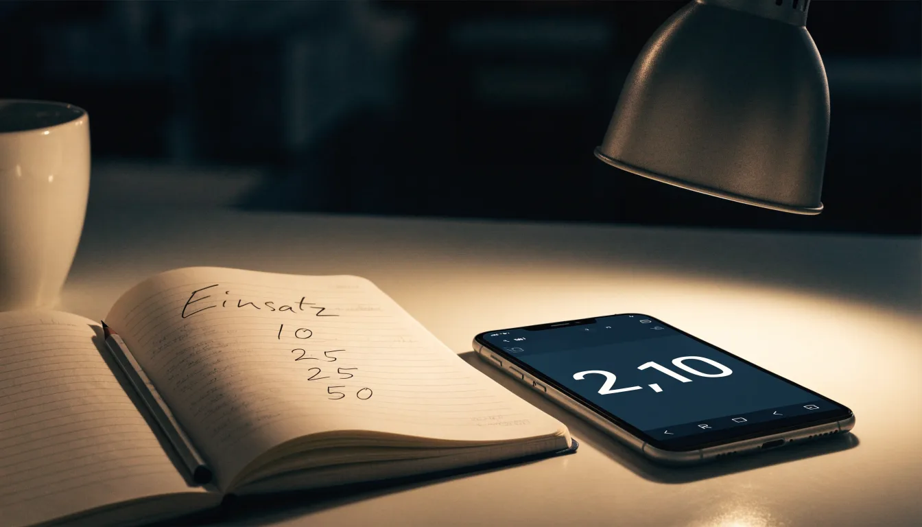 Ein Taschenrechner und ein Notizbuch mit handschriftlichen Zahlenreihen liegen auf einem Schreibtisch unter einer Lampe.