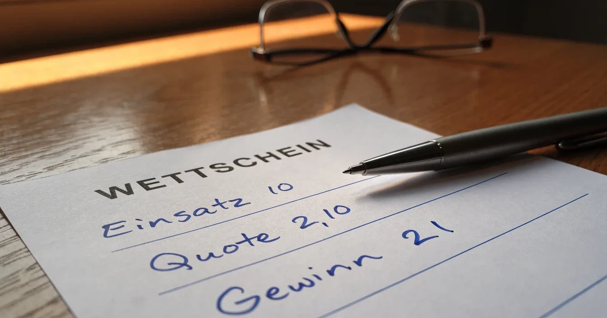 Ein leerer Papier-Wettschein und ein Kugelschreiber liegen auf einem Holztisch, daneben ein kleiner Stapel Münzen im Morgenlicht.
