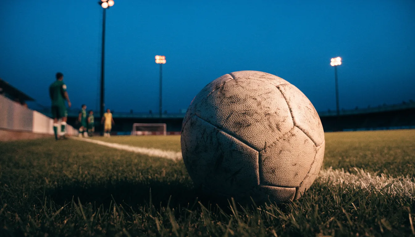 Ein Fußball liegt im Gras eines leeren Platzes, im Hintergrund stehen Flutlichtmasten in der Dämmerung.