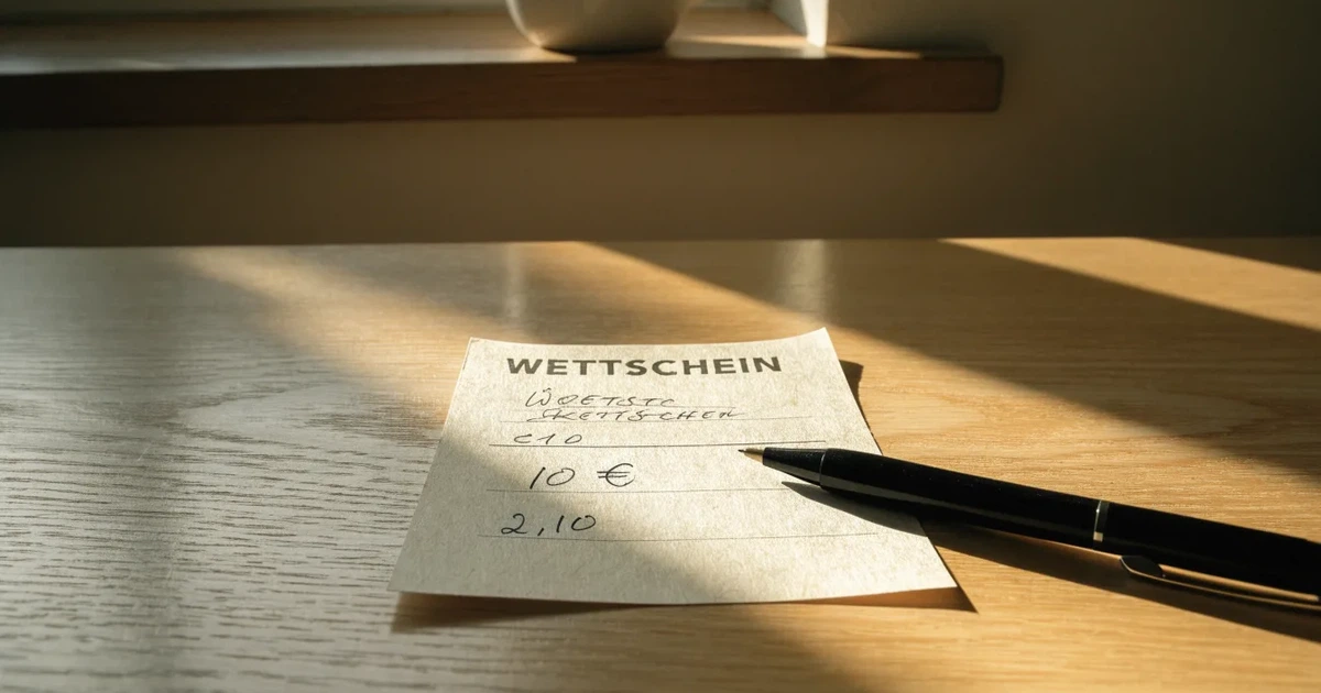 Ein leerer Papier-Wettschein und ein Kugelschreiber liegen auf einem Holztisch, daneben ein kleiner Stapel Münzen im Morgenlicht.