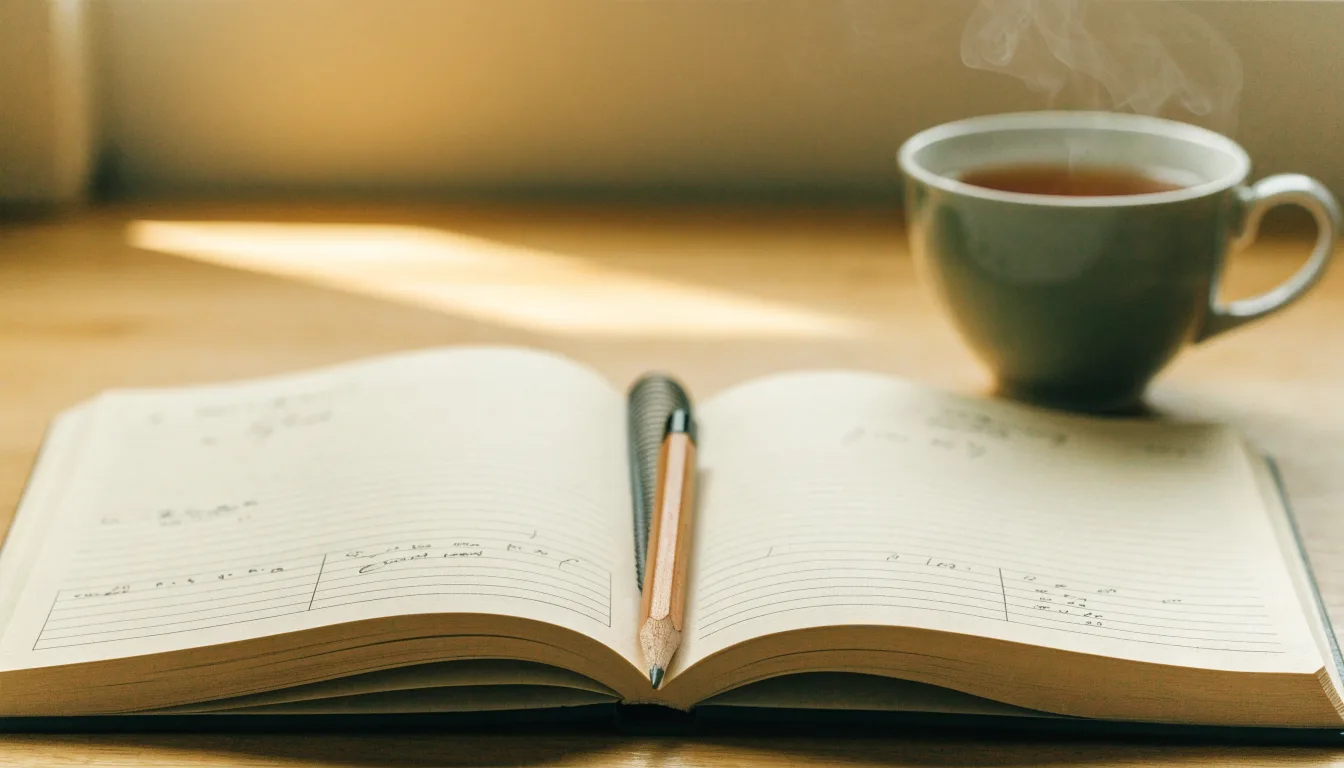 Ein aufgeschlagenes Notizbuch mit handschriftlichen Skizzen und ein Bleistift liegen auf einem Schreibtisch neben einer Tasse Tee.