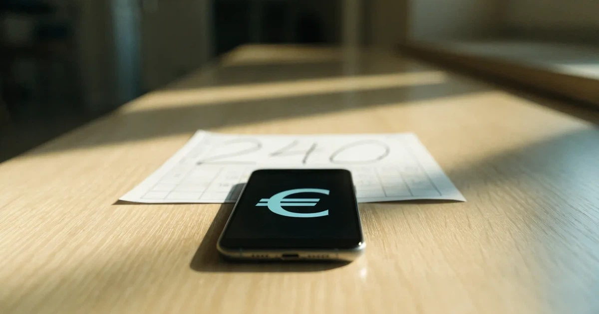 Eine Plastikkarte ohne Aufdruck liegt neben Münzen und einem Smartphone mit dunklem Display auf einem hellen Tisch.
