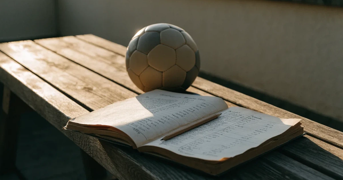 Ein Notizbuch mit handschriftlichen Zahlenkolonnen und ein Bleistift liegen neben einem Fußball auf einer Holzbank.