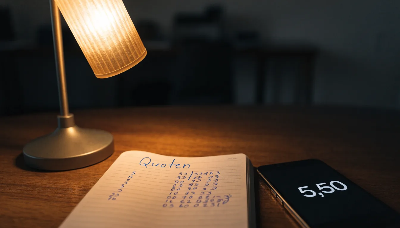 Ein Taschenrechner und ein aufgeschlagenes Notizbuch mit handschriftlichen Zahlenreihen liegen unter einer Schreibtischlampe.