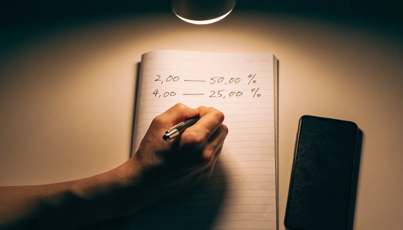 Ein Taschenrechner und ein aufgeschlagenes Notizbuch mit handschriftlichen Zahlenreihen liegen unter einer Schreibtischlampe.