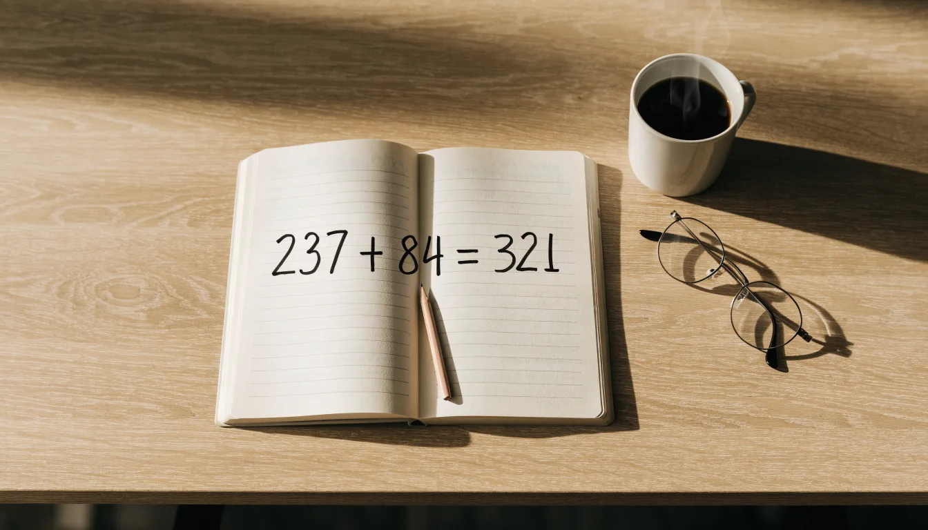 Ein Notizbuch mit handschriftlichen Rechnungen und ein Taschenrechner liegen auf einem hellen Schreibtisch neben einer Kaffeetasse.