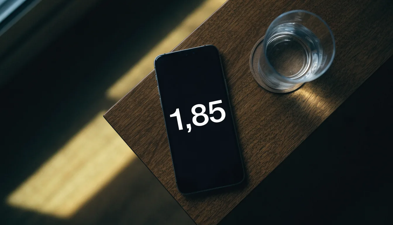 Ein Smartphone liegt mit dem Display nach unten auf einem Holztisch neben einem Glas Wasser, Abendlicht fällt durch ein Fenster.