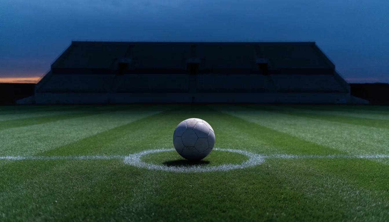 Ein Fußball liegt auf dem Anstoßpunkt eines leeren Rasenplatzes, dahinter ragen dunkle Ränge in den Abendhimmel.