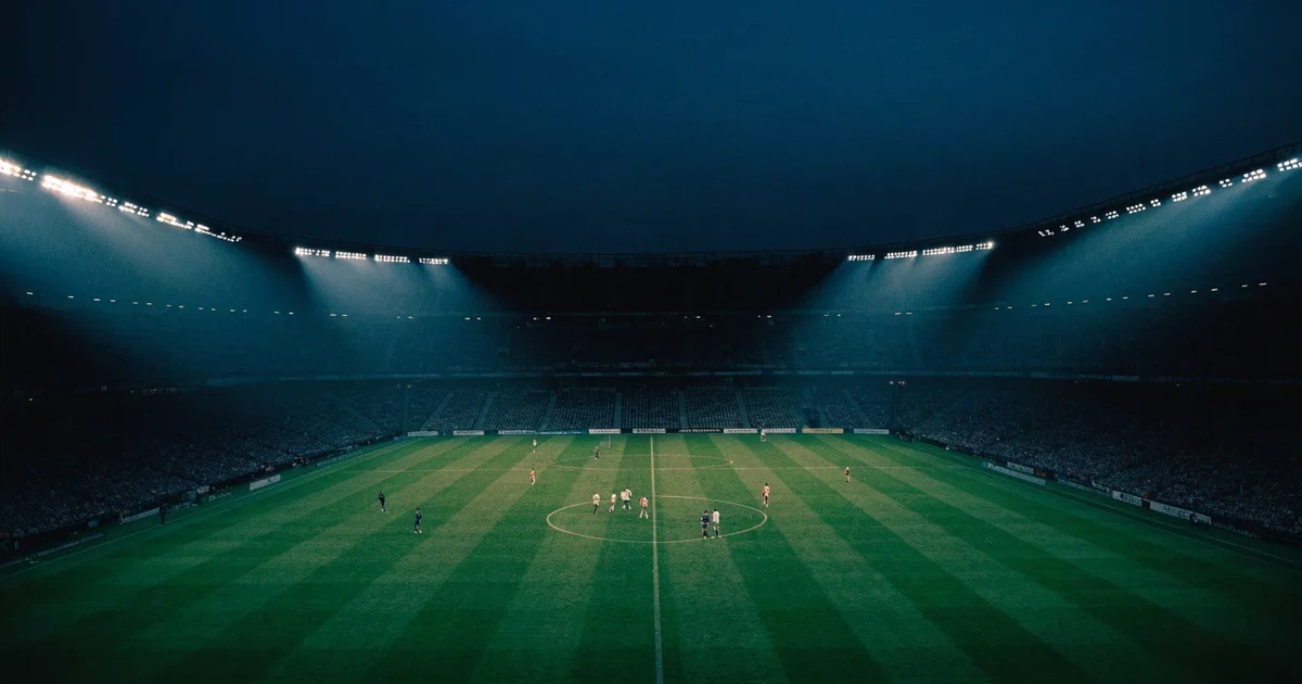 Ein Fußballstadion am Abend unter Flutlicht aus der Ferne gesehen, die Tribünen sind leicht beleuchtet und der Himmel dunkelblau.