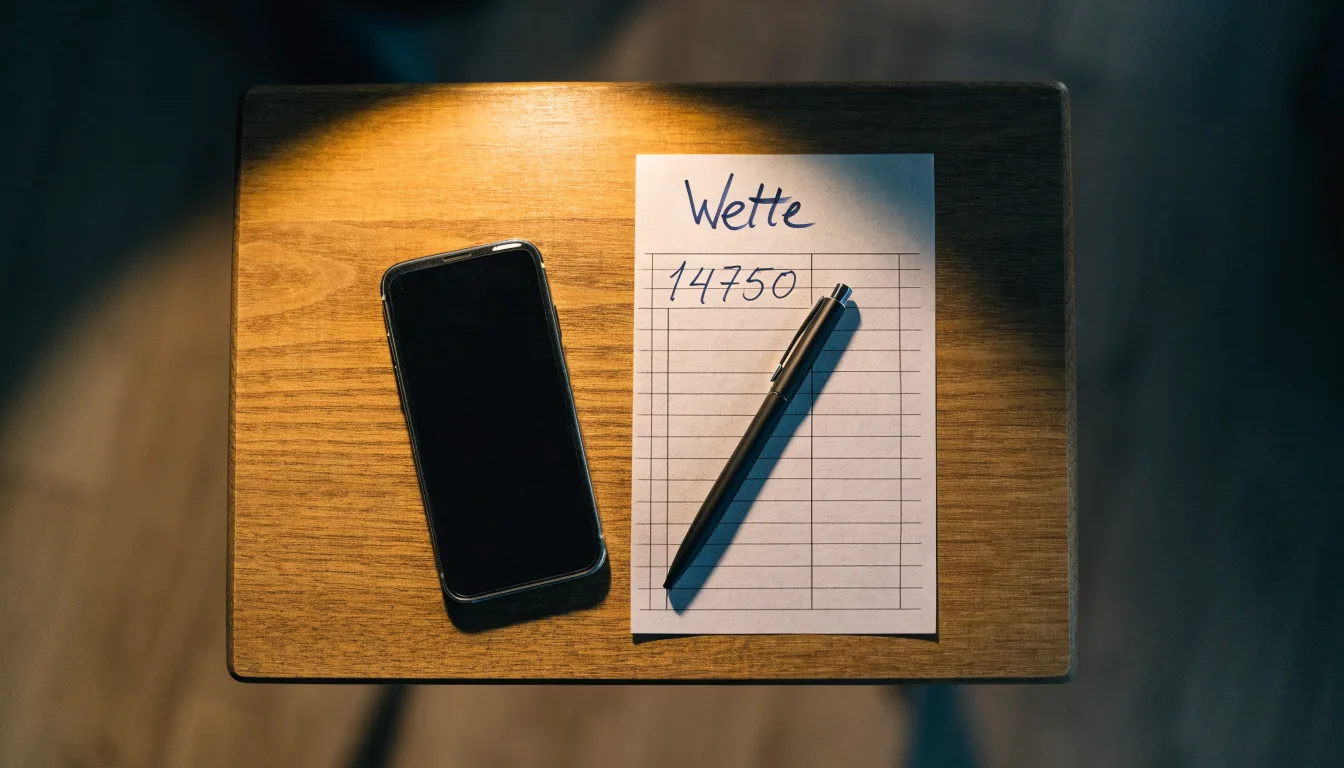 Ein Smartphone mit dunklem Display liegt neben einem leeren Papier-Wettschein und einem Stift auf einem Holztisch.