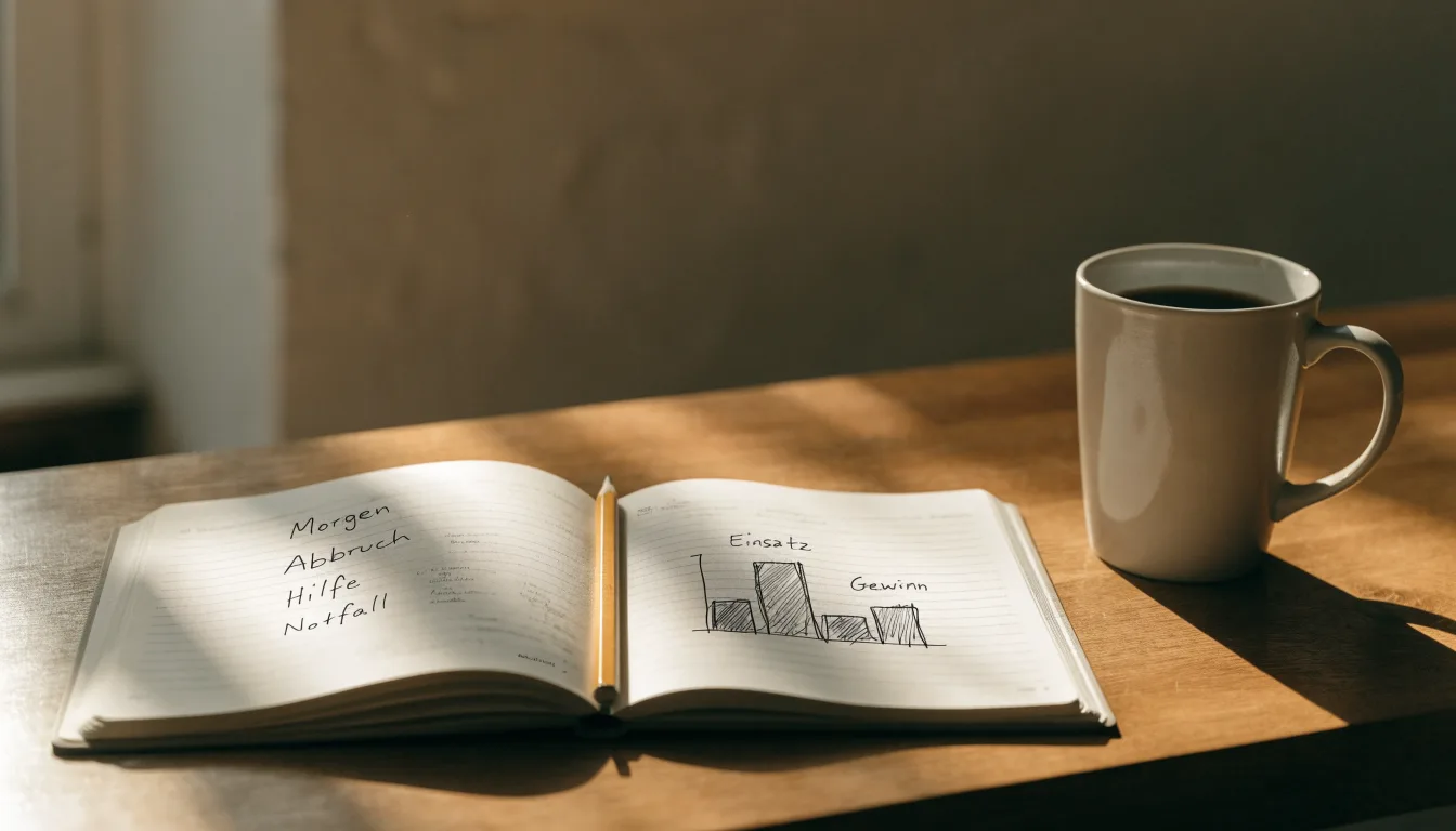 Ein Notizbuch mit handschriftlichen Notizen und einem Bleistift liegt auf einem Tisch, daneben steht eine Kaffeetasse im Morgenlicht.