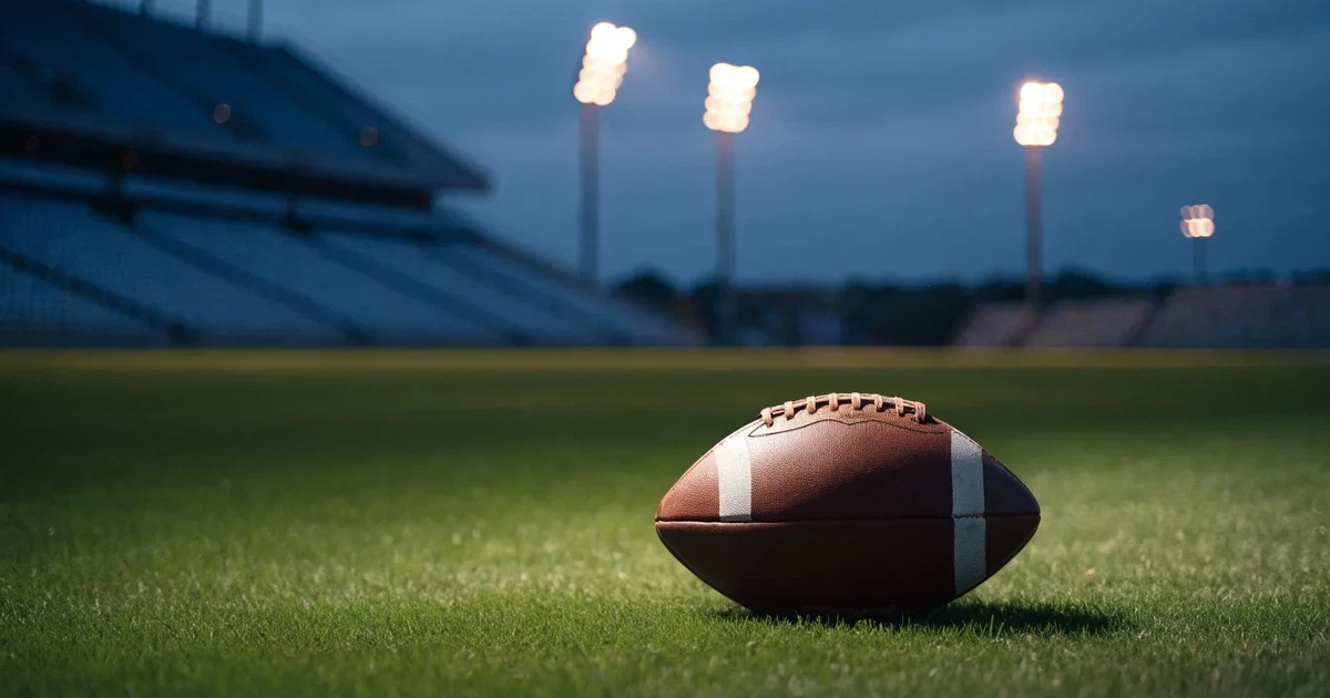 Ein American-Football-Ball liegt auf einem Rasenplatz unter Flutlicht, im Hintergrund eine große Tribüne in der Dämmerung.