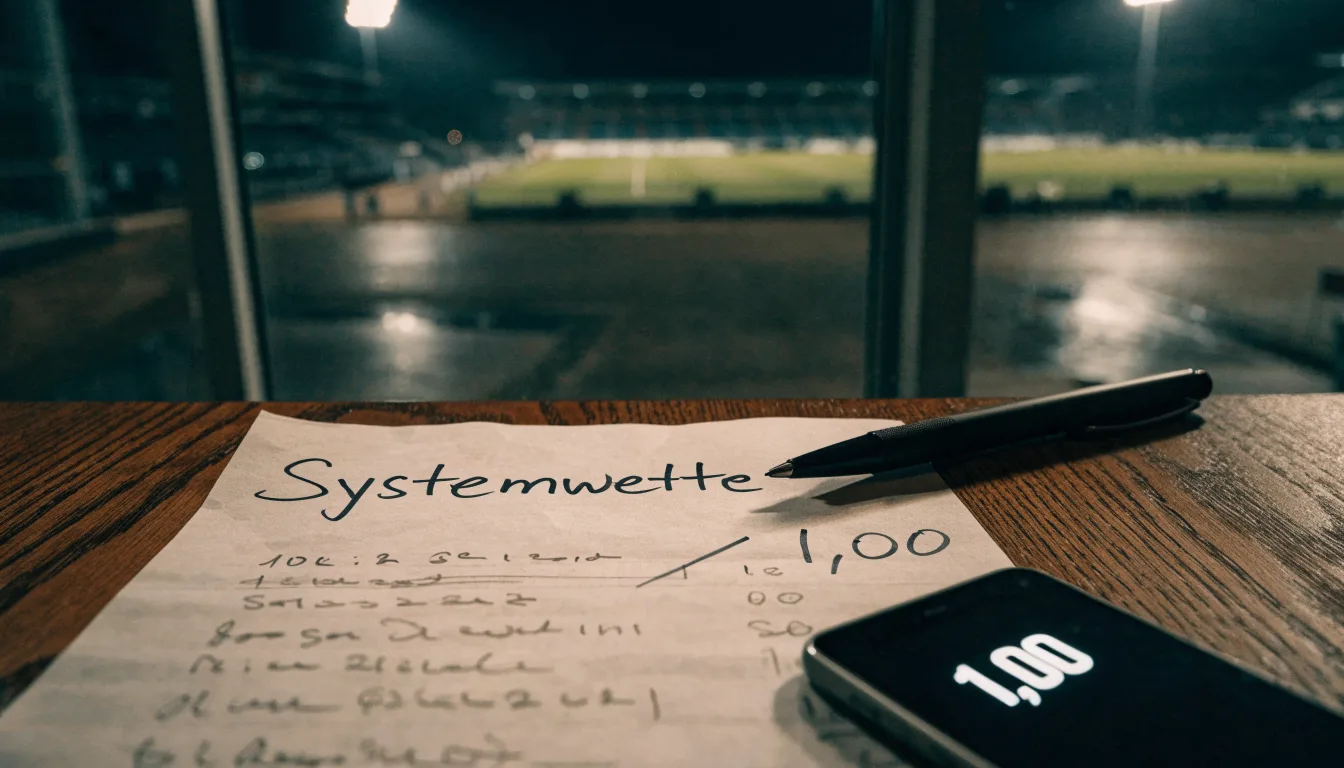 Ein Stadion unter Flutlicht von weitem betrachtet, davor ein stiller Platz bei Dunkelheit und feuchtem Asphalt.