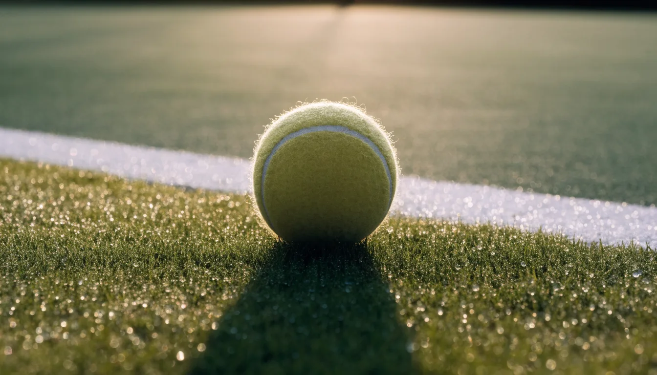 Ein Tennisball liegt auf frisch gemähtem Gras neben einer weißen Linie, Tautropfen glänzen im Gegenlicht.
