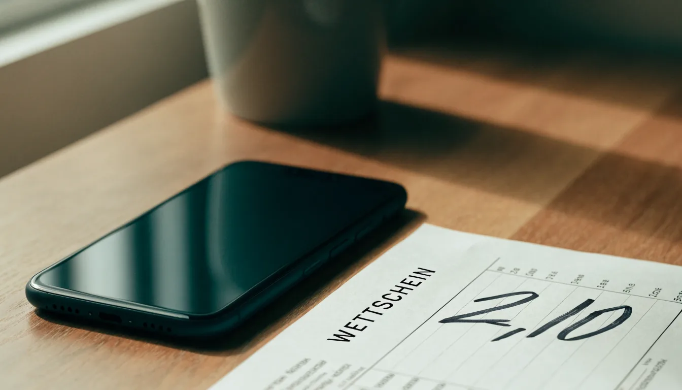 Ein Smartphone mit dunklem Display liegt neben einem leeren Papier-Wettschein auf einem Tisch am Fenster.