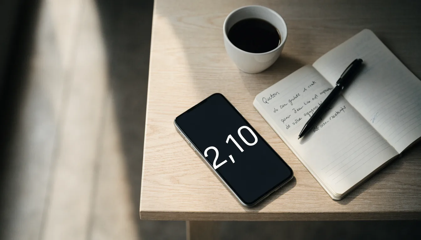 Ein Smartphone liegt auf einem Tisch neben einem Notizbuch mit handschriftlichen Notizen und einer Tasse Kaffee.