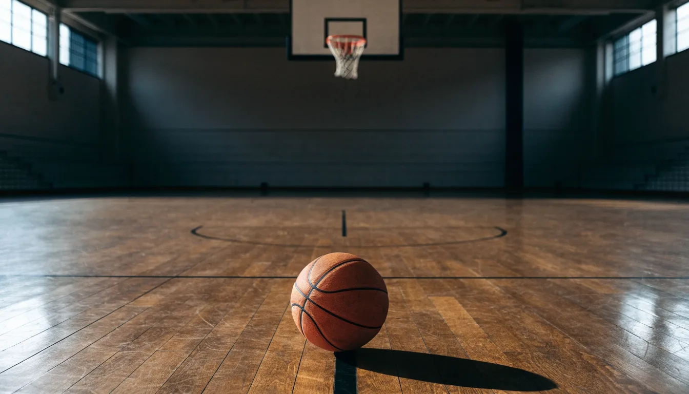 Ein Basketballkorb in einer leeren Halle, der Ball liegt unter dem Brett auf dem Parkett.