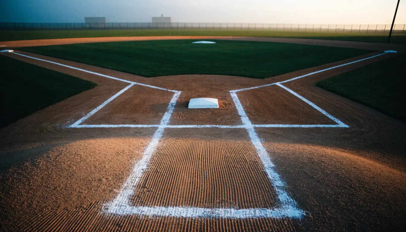 Ein Baseballfeld mit leerem Infield im Morgenlicht, die Linien frisch gezogen, keine Spieler im Bild.