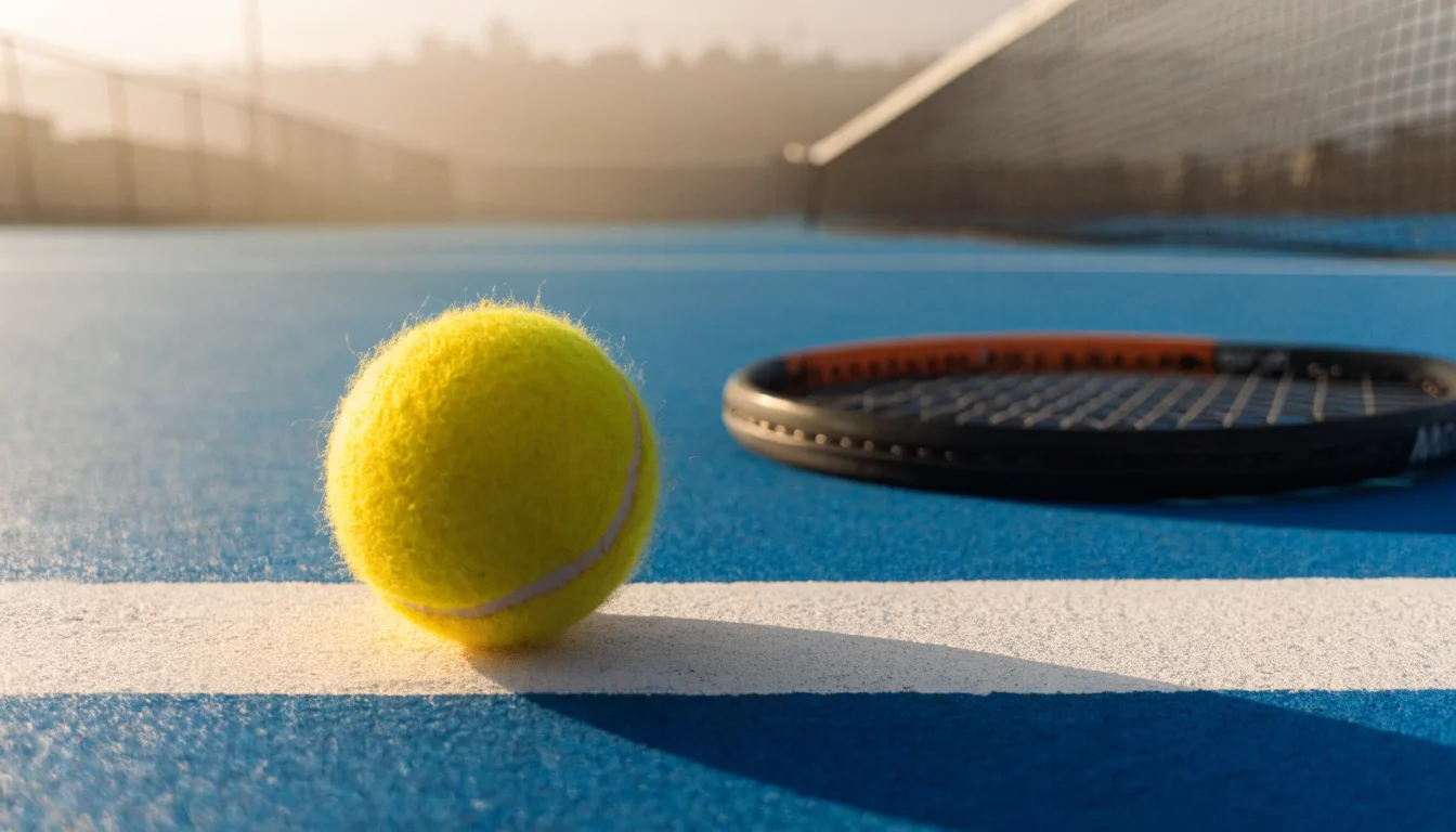 Ein Tennisball liegt in Nahaufnahme auf einer Grundlinie, dahinter verschwimmt ein leerer Platz in warmem Licht.