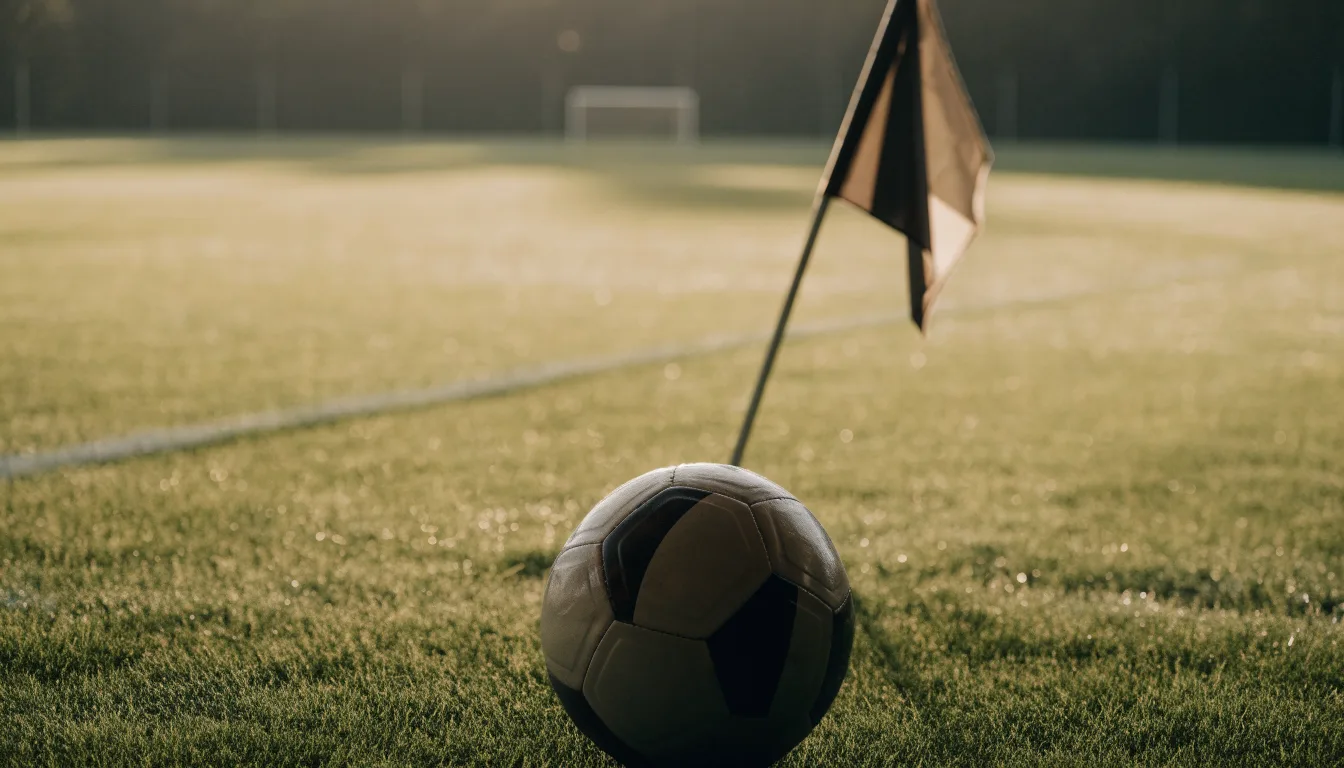 Ein Fußball liegt auf Rasen neben einer Eckfahne ohne Aufdruck auf einem leeren Platz im Morgenlicht.