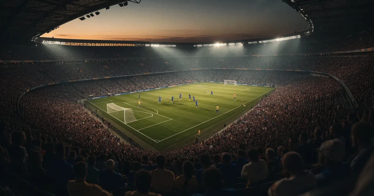 Ein riesiges Stadion in der Abenddämmerung aus der Vogelperspektive gesehen, die Lichter an den Rängen sind eingeschaltet.