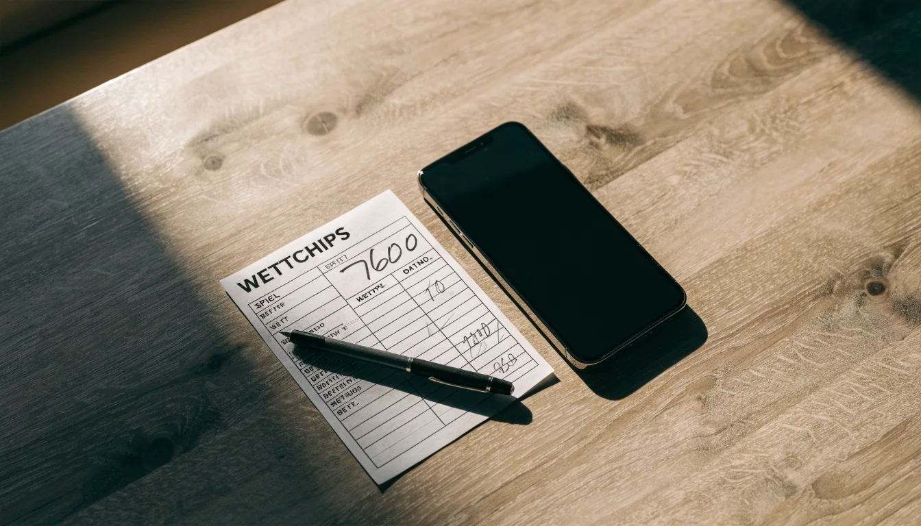 Ein Smartphone liegt mit dunklem Display neben einem leeren Papier-Wettschein und einem Stift auf einem Holztisch.
