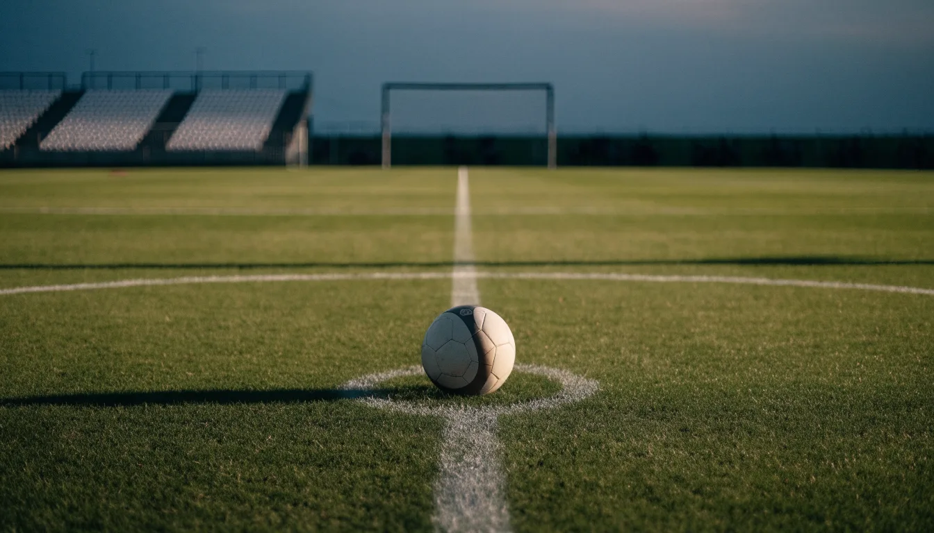 Ein Fußball liegt auf dem Anstoßpunkt eines Rasenplatzes, dahinter eine leere Tribüne im Abendlicht.
