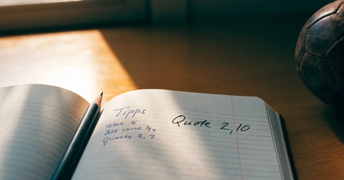 Ein Notizbuch mit handschriftlichen Notizen und einem Bleistift liegt auf einem Holztisch, daneben ein kleiner Fußball im Tageslicht.