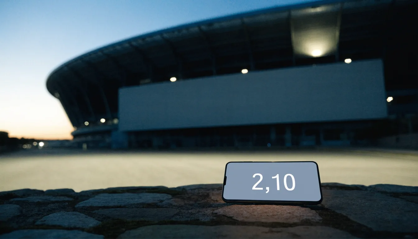 Ein Stadion unter Flutlicht aus großer Entfernung, davor eine leere Straße in der Abenddämmerung.
