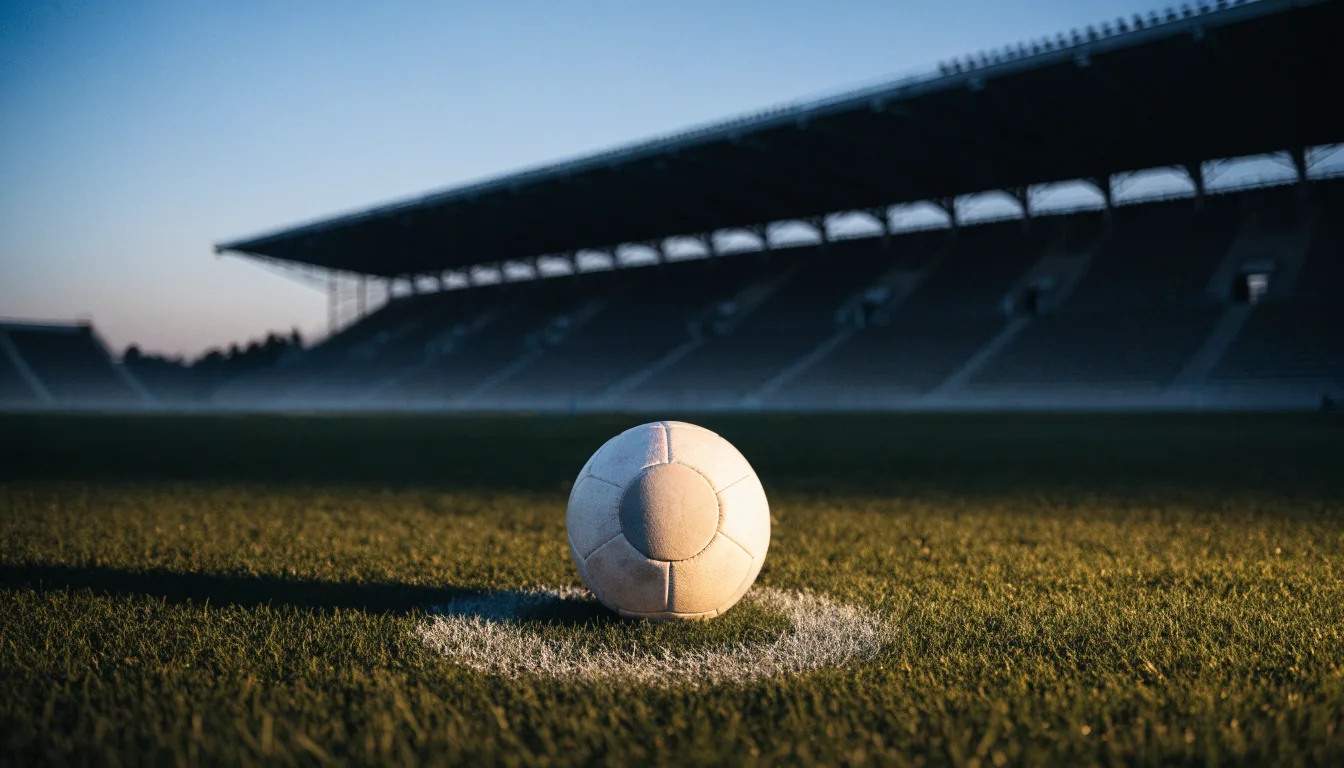 Ein Fußball liegt auf dem Anstoßpunkt eines Rasenplatzes, dahinter eine leere Tribüne im Abendlicht.