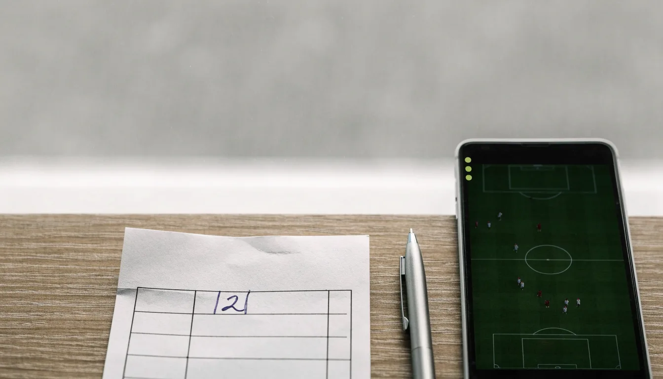 Ein leerer Papier-Wettschein und ein Kugelschreiber liegen neben einem Smartphone mit dunklem Display auf einem Schreibtisch am Fenster.