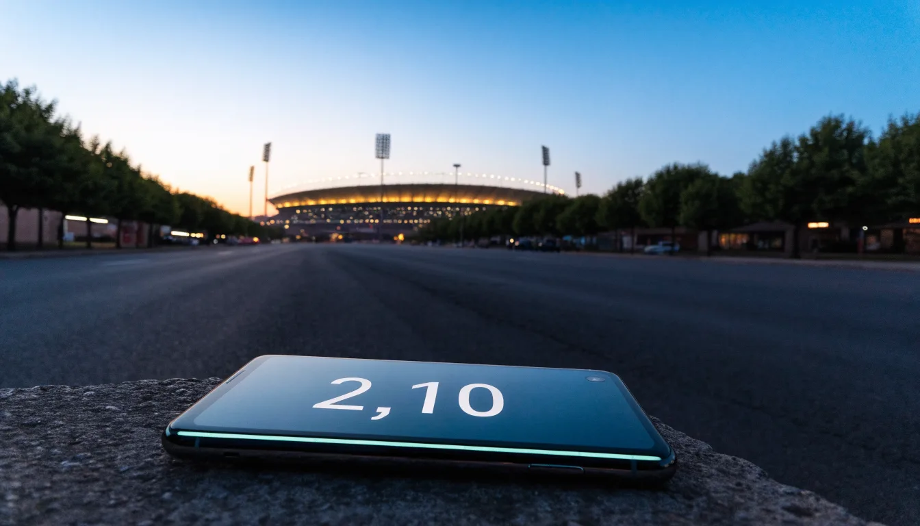 Ein Stadion unter Flutlicht aus großer Entfernung, davor eine leere Straße in der Abenddämmerung.