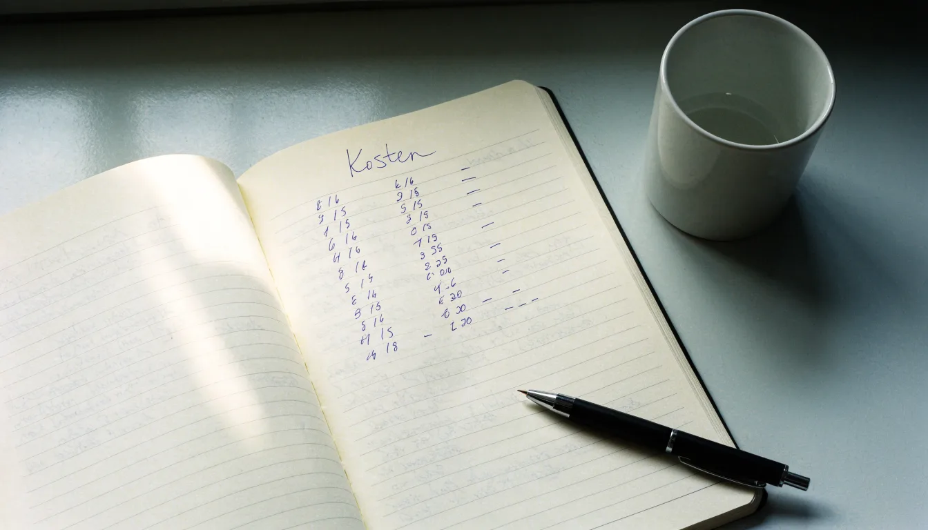Ein Notizbuch mit handschriftlichen Notizen und ein Taschenrechner stehen auf einem Schreibtisch, daneben eine Tasse.