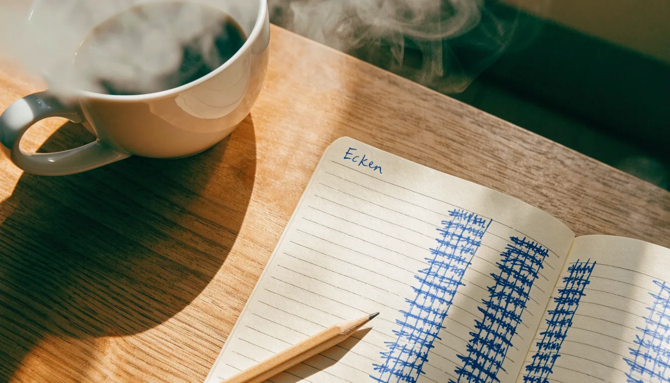Ein Notizbuch mit handgeschriebenen Strichlisten liegt neben einem Bleistift und einer Kaffeetasse auf einem Holztisch.