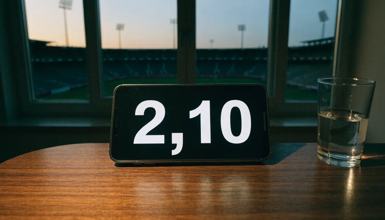 Ein Smartphone mit dunklem Display liegt auf einem Schreibtisch neben einem Glas Wasser, im Fenster dahinter ein Stadion im Dämmerlicht.