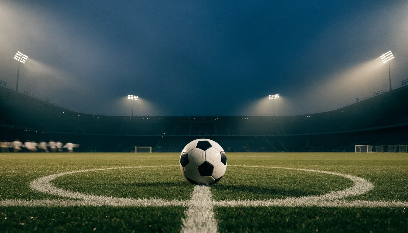 Ein Fußball liegt auf dem Mittelkreis eines leeren Rasenplatzes unter Flutlicht am frühen Abend, die Tribünen sind nur schemenhaft zu erkennen.