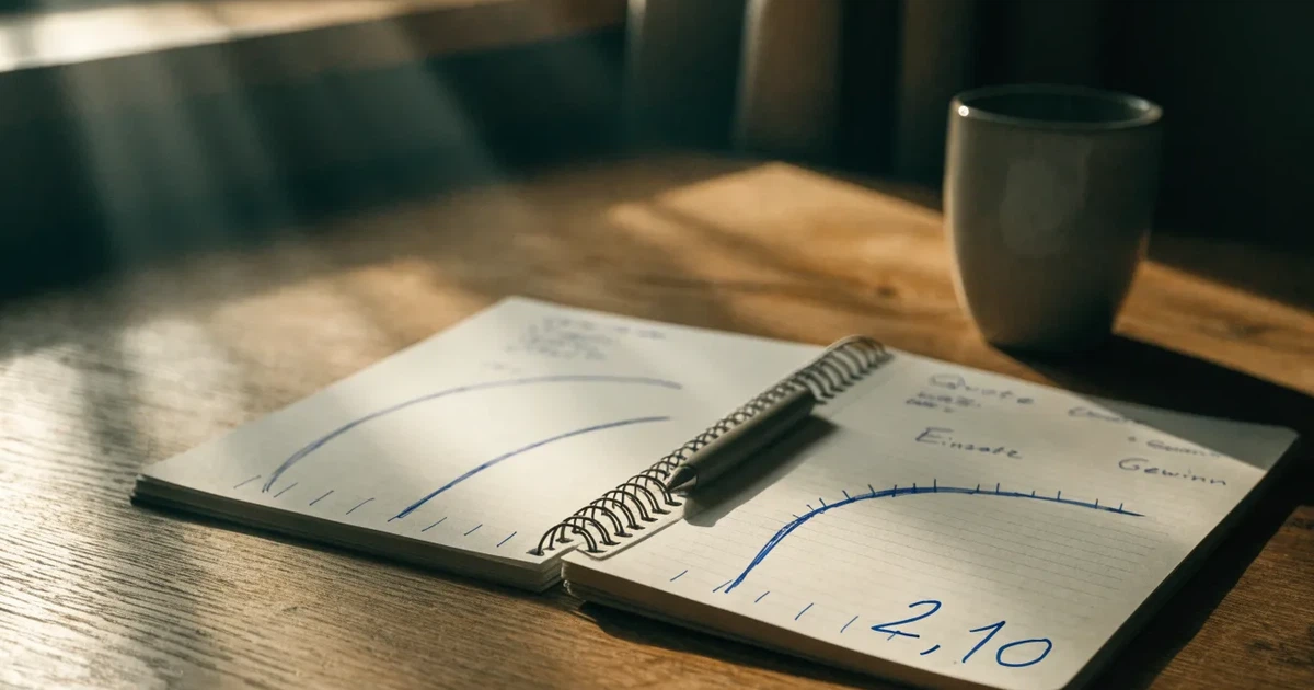 Ein aufgeschlagenes Notizbuch mit handgezeichneten Kurven und Strichen liegt neben einem Taschenrechner auf einem Schreibtisch im Morgenlicht.