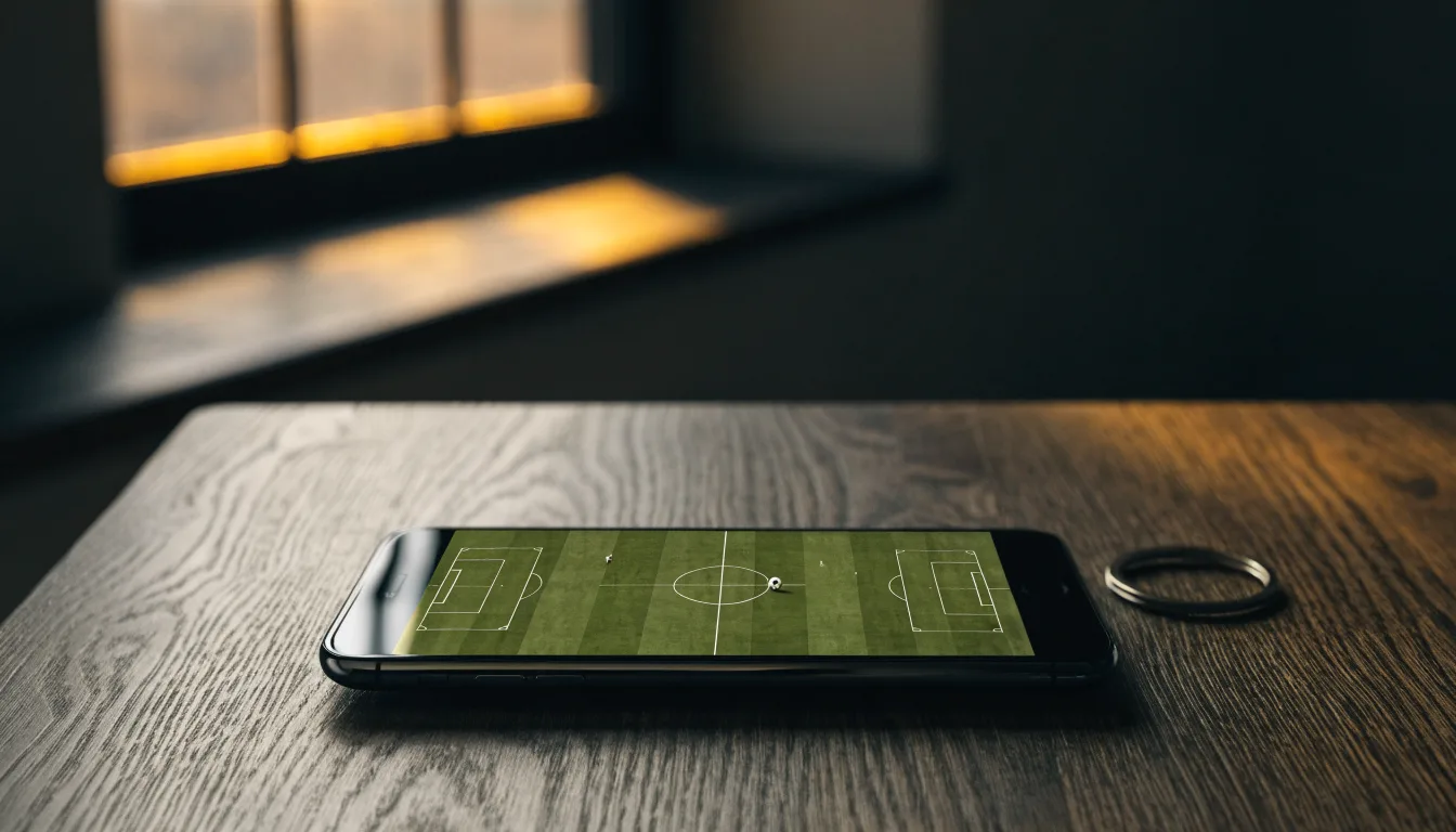 Ein Smartphone mit dunklem Display liegt auf einem Holztisch, daneben ein Schlüsselbund, im Hintergrund ein Fenster mit Abendlicht.