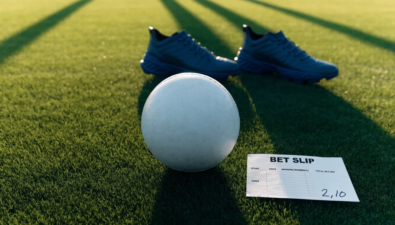 Ein Fußball auf frisch gemähtem Rasen im Morgenlicht, daneben ein Paar Fußballschuhe ohne erkennbare Marke.