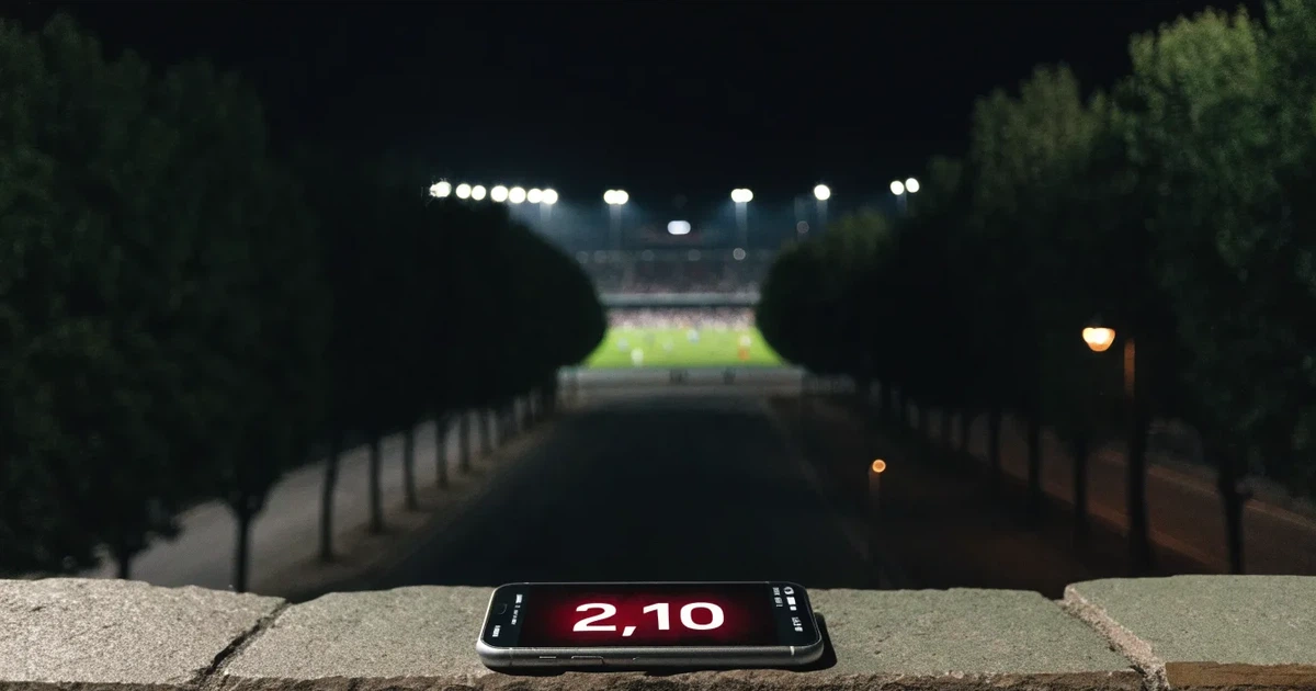 Ein Fußballstadion bei Nacht aus großer Entfernung, hell erleuchtet unter Flutlicht, davor eine dunkle Straße und Bäume.