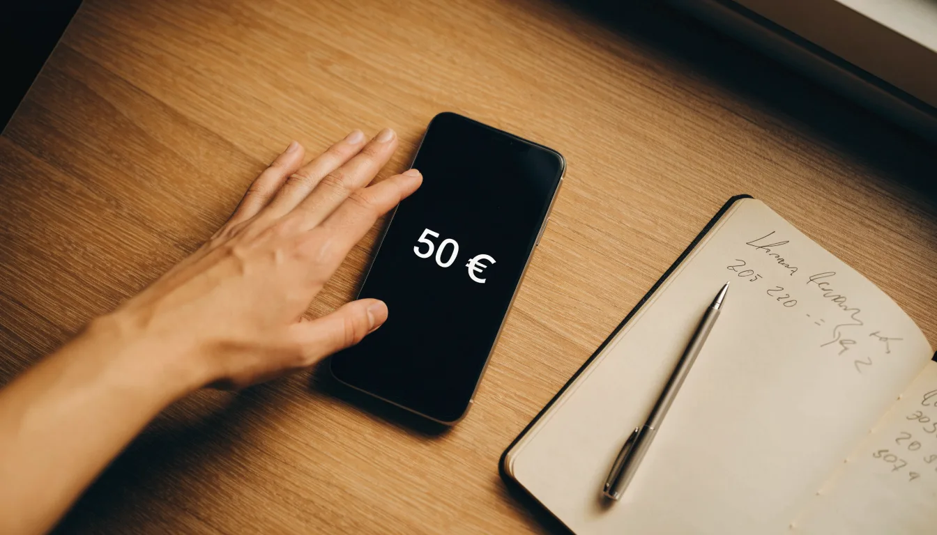 Ein Notizbuch mit handgeschriebenen Zahlen und ein Kugelschreiber liegen auf einem Tisch, daneben ein Smartphone mit schwarzem Bildschirm.