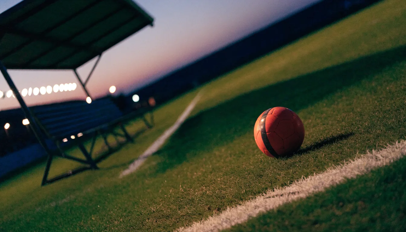 Ein Fußball liegt am Spielfeldrand neben einer leeren Ersatzbank, das Flutlicht über dem Platz leuchtet in der Dämmerung.